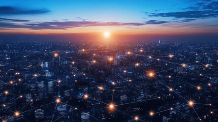 Interconnected Smart City Network at Sunset, A Global Digital Infrastructure