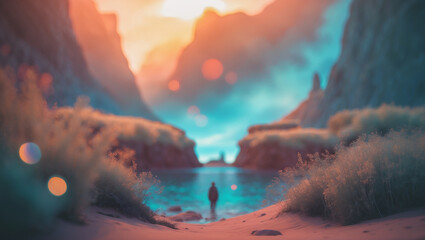 Surreal canyon landscape with glowing sky, calm river, and a lone figure, ideal for fantasy, travel, or adventure concepts