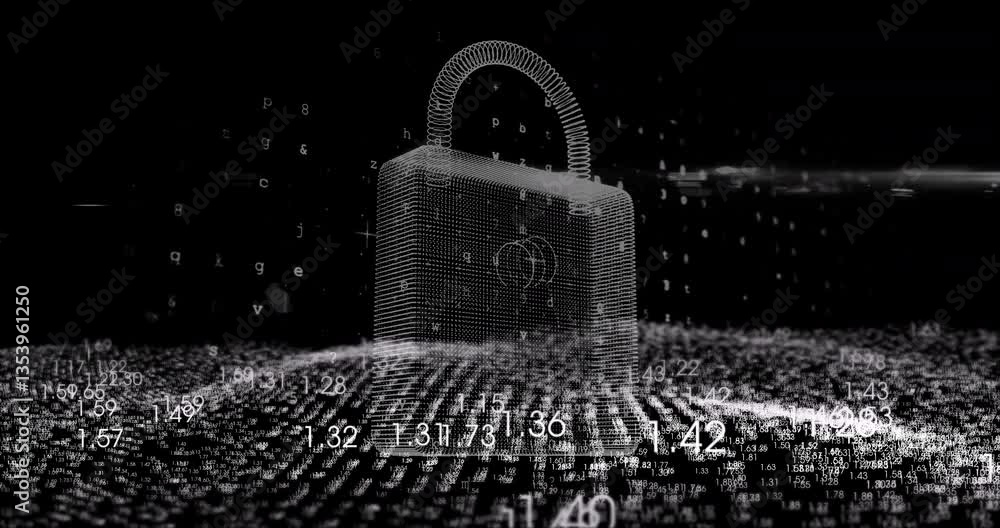 Poster animation of digital padlock over binary code, symbolizing cybersecurity in school