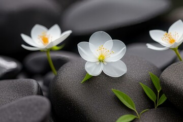 Close-up of a delicate plant growing between black rocks, featuring two transparent see-through glass-like flowers with petal shapes resembling real blossoms. The flowers have a shiny
