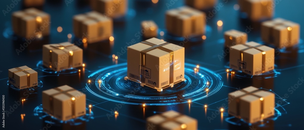 Poster central cardboard box on a pallet surrounded by floating boxes on a dark blue surface with glowing c