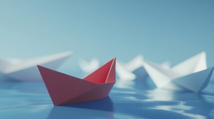 Obraz premium Red paper boat leading white boats on calm water.