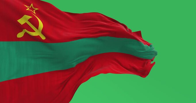 Close-up of national flag of Transnistria waving isolated on green background