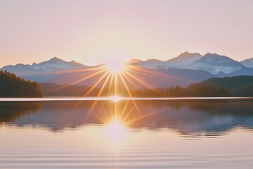 Obraz premium Sunrise over mountains reflecting in a calm lake with trees and a pink and orange sky 