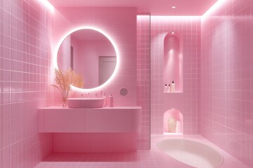 A pink bathroom with soft pink tiles, a matching vanity, and soft lighting to create an elegant and calming space, perfect for relaxation.