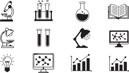 Science Silhouette Icons Set Featuring Laboratory Equipment and Scientific Symbols Flat Vector Illustration