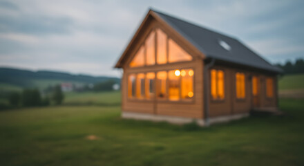 Fototapeta premium Charming Wooden House with Grand Windows and a Soft, Blurred Perspective