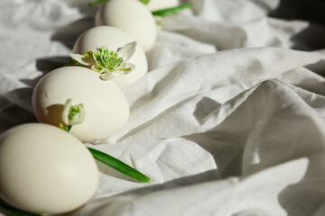 White eggs surrounded by small green flowers lie on soft fabric, evoking a peaceful Easter vibe. The gentle arrangement highlights the beauty of spring in a natural setting.