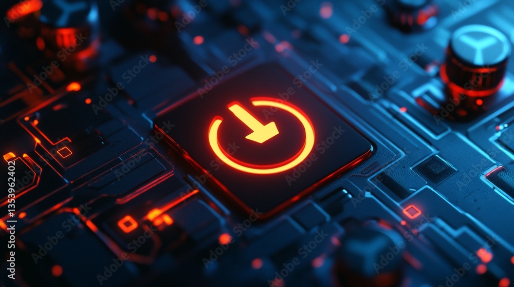 Aufkleber glowing shutdown button on futuristic circuit board