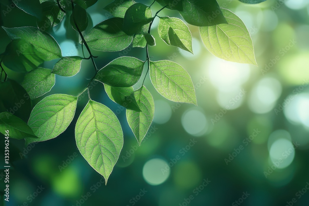 Poster sunlight filtering through vibrant green leaves in a tranquil forest setting