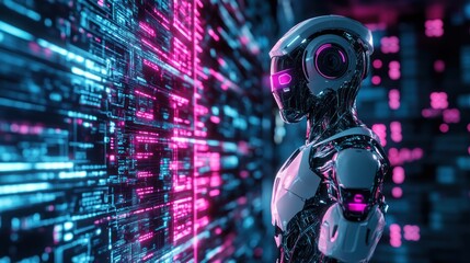 Futuristic Cybersecurity: A Robotic Agent Inspecting Digital Infrastructure in Neon Lights