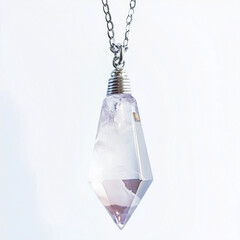 Amethyst crystal pendant on silver chain against white background