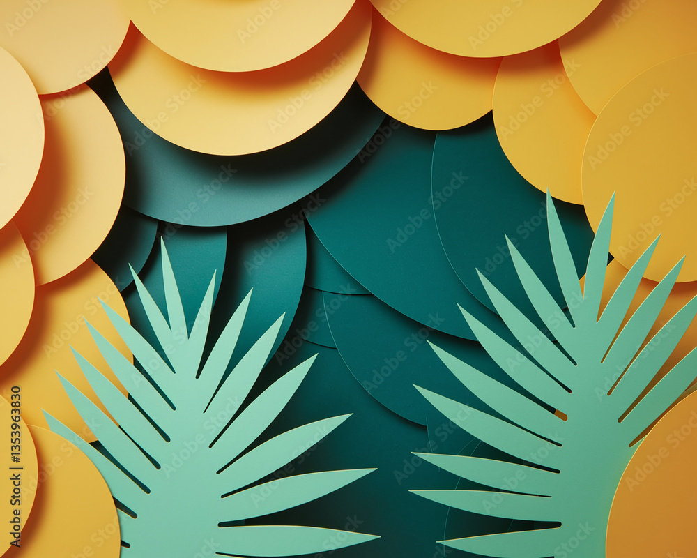 Poster abstract background with overlapping yellow and teal circles and stylized leaves, creating a vibrant