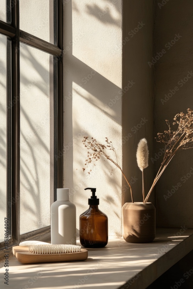 Aufkleber a cluttered window sill filled with various bottles and a single brush, providing a glimpse into a c