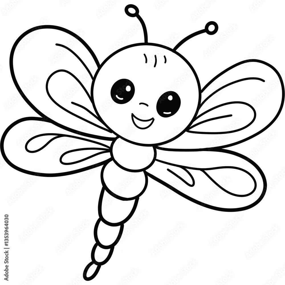 Fototapete cheerful cartoon dragonfly with big eyes and colorful wings flies gracefully.black and white drawing