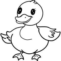 Happy black and white duckling standing side view.black and white drawing For children to learn to color according to the picture.