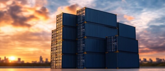 Fototapeta premium A stunning sunset view of a large stack of shipping containers silhouetted against a colorful sky with a distant city skyline creating a vibrant scene