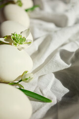 White eggs surrounded by small green flowers lie on soft fabric, evoking a peaceful Easter vibe. The gentle arrangement highlights the beauty of spring in a natural setting.