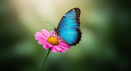 Naklejka premium Vibrant Blue Morpho Butterfly on Pink Cosmos Flower in a Lush Garden Setting