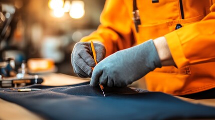 Skilled worker in orange uniform carefully measuring and marking fabric in a workshop environment