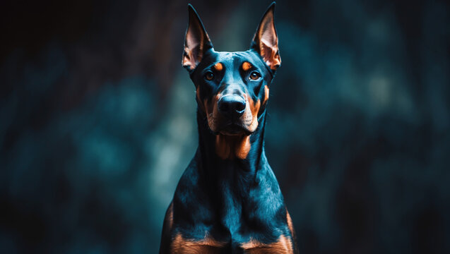 A stunning close-up portrait of a Doberman with an intense gaze. The dark and moody background enhances the dog's powerful and elegant presence
