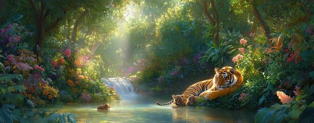 A majestic tiger relaxes beside a tranquil stream in a vibrant jungle, surrounded by lush foliage and colorful flowers