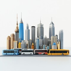 Naklejka premium A cityscape with a row of buses and a skyscraper in the background
