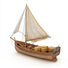 A small wooden boat with a white sail is shown on a white background