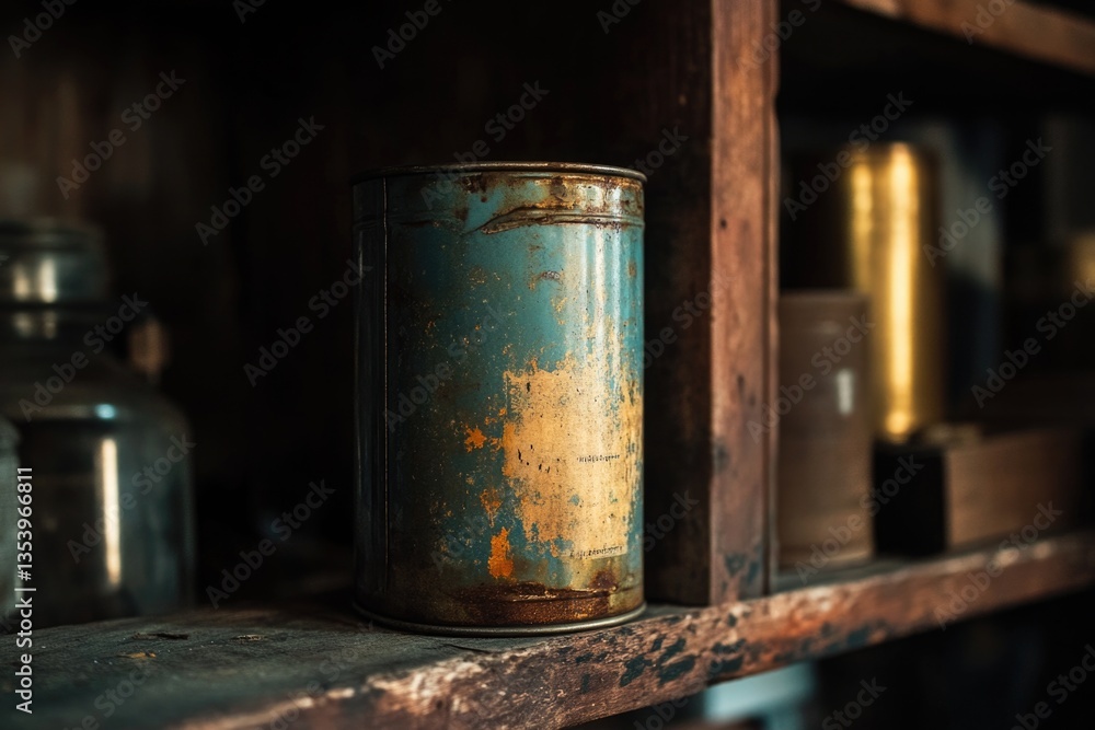 Poster a single tin can sitting on top of a wooden shelf, with a simple and rustic setting