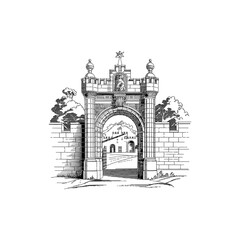 medieval gate engraving black and white outline white background vector (3) - Copy [Converted]