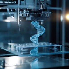 A blue DNA strand is being printed on a glass surface