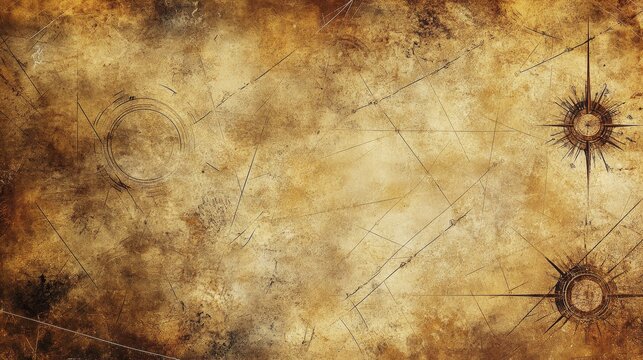 Aged celestial chart backdrop with worn texture and stylized celestial elements