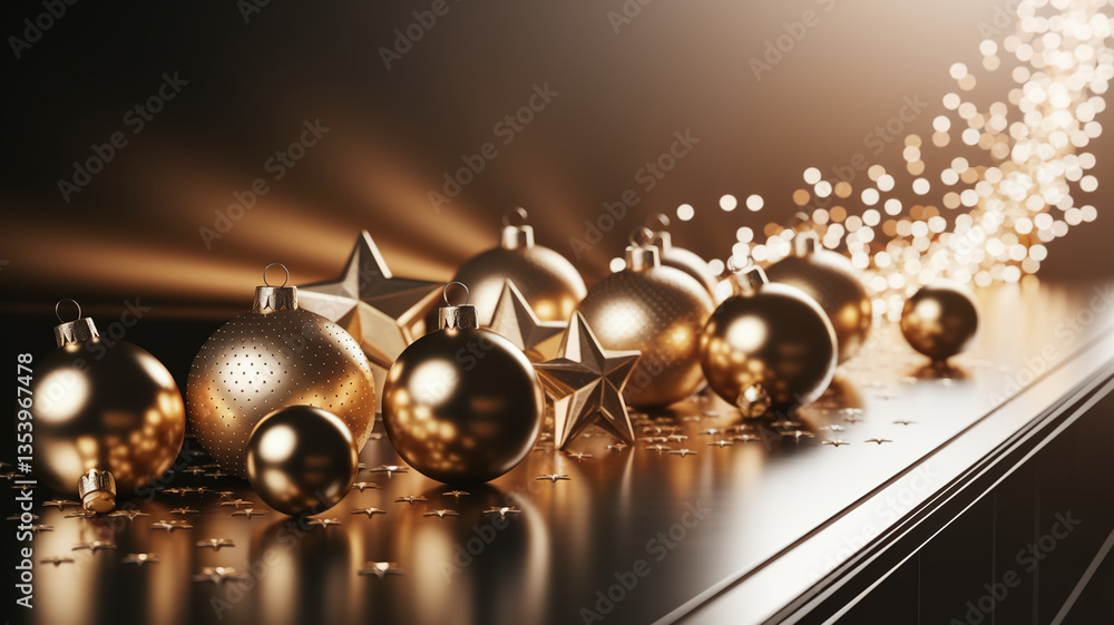 Poster golden baubles and stars scattered on dark surface, illuminated by warm light, creating a festive an
