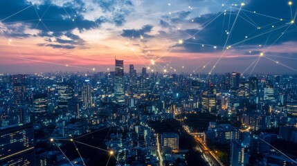 Fototapeta premium Wireless communication media networking connectivity technology concept, smart cityscape on world hologram simulation on global environment tech development changes time goals, banner blue background