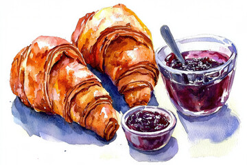 Freshly baked croissants with berry jam create delightful rustic breakfast scene, evoking warmth and comfort