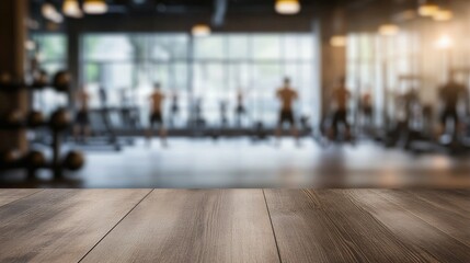 Obraz premium Empty brown wooden table top on blurred background of fitness gym,Young People group of women and men doing sport,interior of new modern club with equipment
