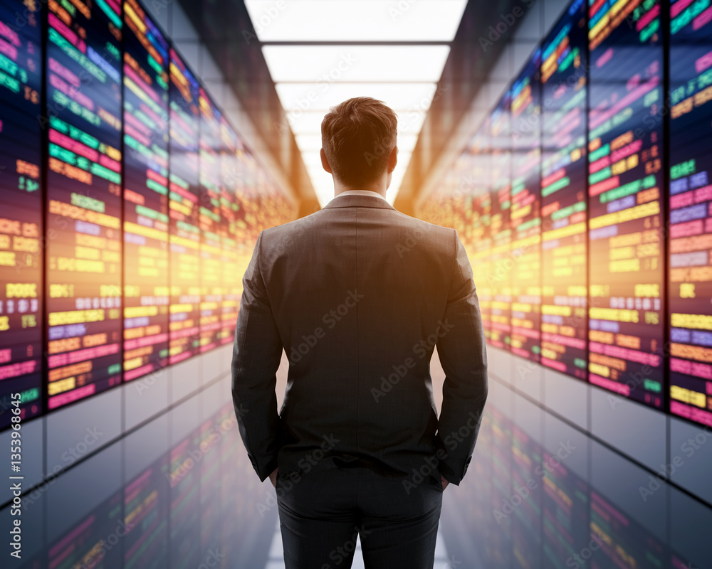Poster businessman standing between large screens displaying colorful data streams, symbolizing big data, t