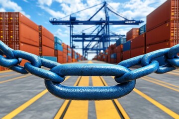 Naklejka premium Strong metal chain in foreground, industrial shipping yard with containers in background, emphasizes strength and connectivity.