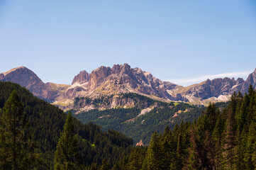 Fototapeta premium Catinaccio mountain range seen from Pozza di Fassa, Val di Fassa, Dolomites, Italy