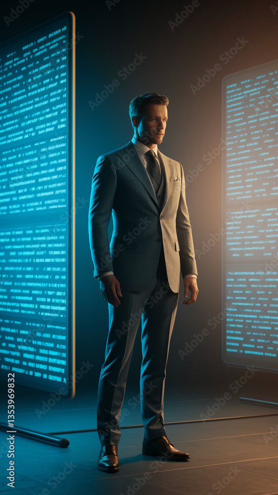 Poster man in gray suit stands near glowing screens displaying code, showcasing modern business and technol