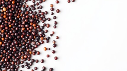 Detailed Top View Macro Photography of Brown Mustard Seeds Pile on White Background High Resolution No Shadows