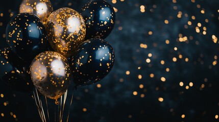 Navy Blue and Gold Balloons with Golden Confetti on Dark Background Birthday Party Banner