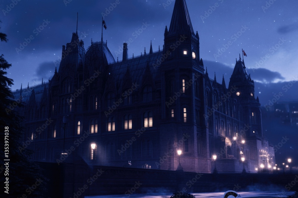 Aufkleber a large building with a clock tower at night, suitable for use in urban scenes or as a backdrop