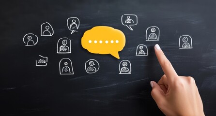 Hand pointing at yellow speech bubble surrounded by chalk people icons on blackboard.