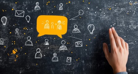 Hand near speech bubble showing family conflict on blackboard.