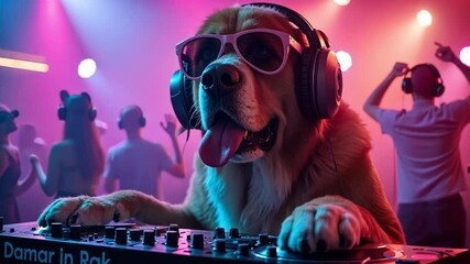 Dog DJ wearing sunglasses and headphones spinning music at a vibrant party with people dancing in colorful lights