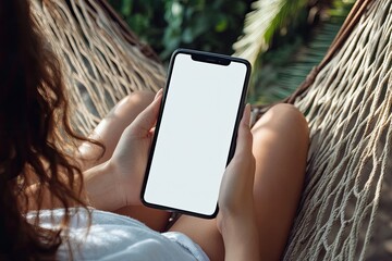 Detailed Color Picture of Woman with Phone Resting Lying on Hammock with Mobile Phone