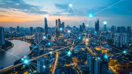 Fototapeta premium Wireless communication media networking connectivity technology concept, smart cityscape on world hologram simulation on global environment tech development changes time goals, banner blue background