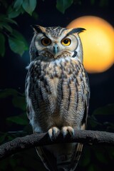 A wise owl perched on a tree branch with a full moon shining brightly in the night sky