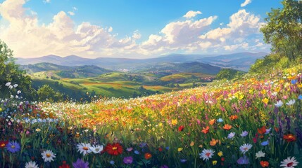 Fototapeta premium bright and cheerful watercolor scene of a blooming meadow in spring, with wildflowers and distant rolling hills
